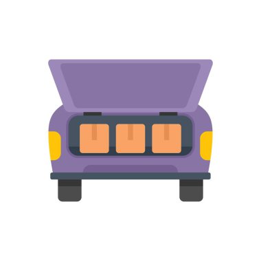 Hızlı teslimat hizmeti kullanarak çevrimiçi dükkandan müşteriye paket getiren bir araba bagajı dolusu kutu.