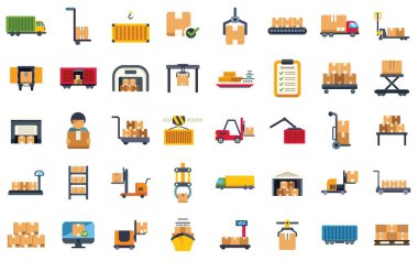 Depo lojistik ve teslimat servisinin farklı yönlerini gösteren vektör simgeleri kümesi