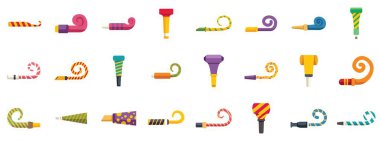 Renkli parti üfleyicilerinin çeşitli açılışları ve kutlama sesleri