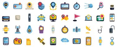 GPS teknolojisinin yön bulma, izleme ve konum gibi çeşitli yönlerini gösteren büyük simgeler kümesi