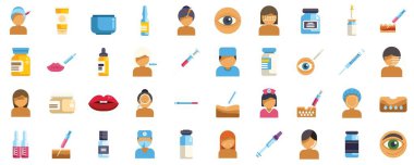 Hyaluronik asit ve botoks enjeksiyonlarıyla estetik ameliyat olan insanları gösteren bir sürü ikon.