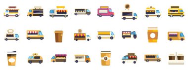 Kahve kamyonu ve kahve ikonu seti, kahve satan sokak yemekleri kamyonlarını gösteriyor.