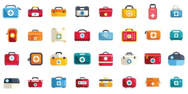 Tıbbi tedavi için farklı türleri ve stilleri gösteren büyük bir ilk yardım kiti seti