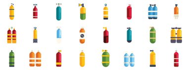 Bu vektör illüstrasyonunda sualtı keşfi, dalış güvenliği ve su maceraları için ideal olan çeşitli tüple dalış ve oksijen tankları yer almaktadır.