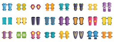 Futbol dizlik simgeleri düz vektör ayarlandı. Futbol koruyucu vites çizimi. Spor malzemeleri koleksiyonu