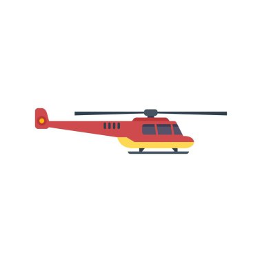 Havada uçan kırmızı helikopterin pervaneleri dönüyor.