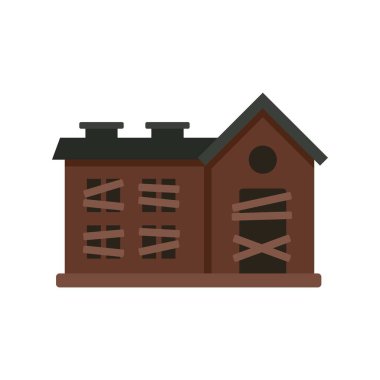 Ürkütücü eski terk edilmiş ahşap ev, pencereleri ve kapıları tahtayla kaplanmış bir şekilde harabeye dönüyor.