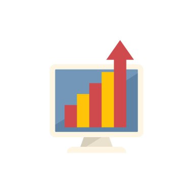 Bu vektör illüstrasyonunda, çevrimiçi iş başarısını ve finansal büyümeyi sembolize eden, büyüyen bir tablo gösteren bir bilgisayar ekranı yer almaktadır.