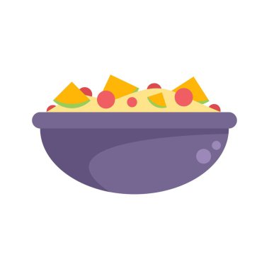 Bu vektör ikonu lezzetli bir karpuz, kavun ve böğürtlen karışımıyla dolu mor bir kase içerir.