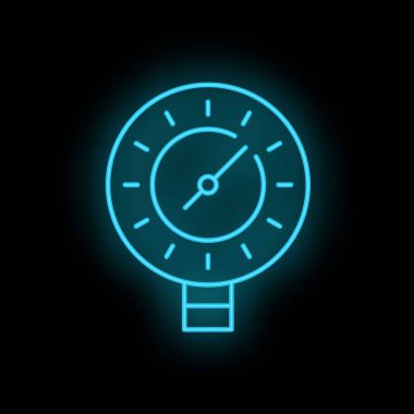 Koyu bir arka planda parlayan bir basınç göstergesinin mavi neon simgesi, ölçüm ve endüstri gibi kavramları temsil eder