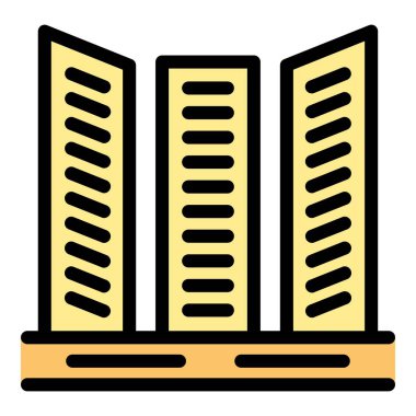 Beton bir temelde duran üç gökdelenin basit vektör simgesi, modern bir şehri temsil ediyor.