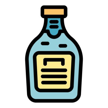 Boş etiketli cam şişe ayakta duruyor, muhtemelen bir içecek ya da başka bir sıvı madde içeriyor.