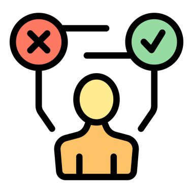 İşadamı, omuzlarının üstündeki işaretli doğru ve yanlış kararlar arasında seçim yapıyor.