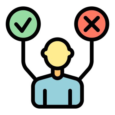 İşadamı yeşil işaretle temsil edilen doğru karar ile kırmızı işaretli yanlış karar arasında karar veriyor.