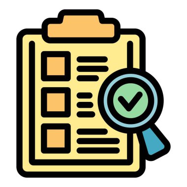 Bu vektör illüstrasyonu, başarılı tamamlamayı ve olumlu değerlendirmeyi sembolize eden, kontrol listesiyle birlikte bir panonun üzerinde asılı duran bir büyüteç tasvir eder.