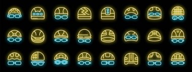 Siyah zemin üzerinde parlayan yüzme şapkaları ve gözlükleri simgeleri, vektör illüstrasyonu