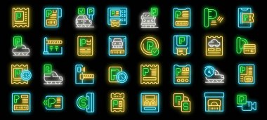 Paralı park alanı neon ikonları vektör belirledi. Parlak park süresi ve bilet, garaj ve bariyer, akıllı telefon başvurusu ve araba yeri çizimleri için ödeme