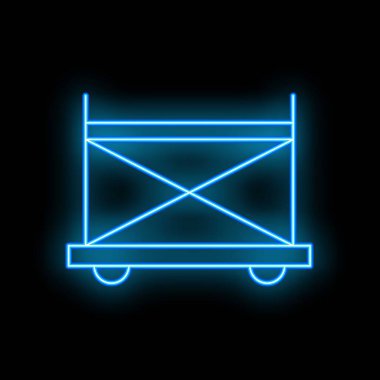 Siyah arka planda izole edilmiş tekerlekleri olan inşaat iskelesinin parlak mavi neon simgesi