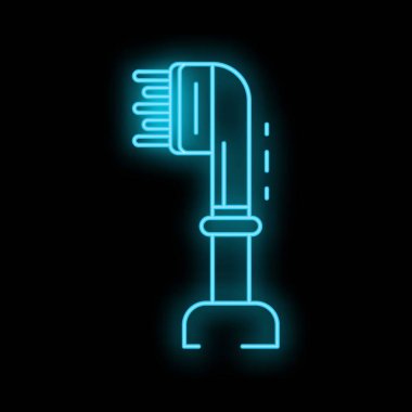 Parlayan neon çizgisi elektrikli diş fırçası simgesi siyah arkaplan vektör illüstrasyonunda izole edildi