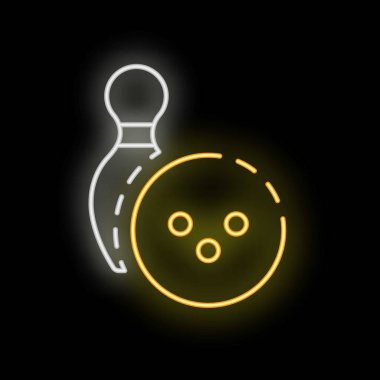 Yellow neon icon of a bowling ball and pin glowing on a black background clipart