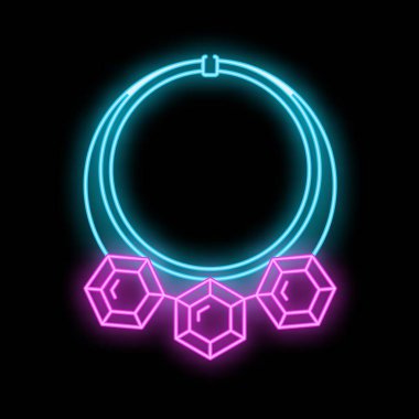 Neon işareti siyah arka planda parlayan üç değerli taşlı bir kolyeyi temsil ediyor.