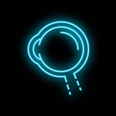 Minimalist mavi neon tabela, ışık ışınlarını yansıtan, güzelliği çağrıştıran, iç tasarım ve dekorasyonu temsil eden yuvarlak bir ayna.