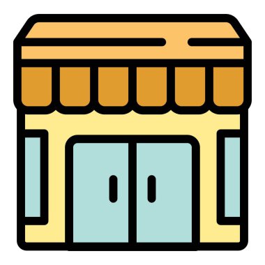 Tenteli, büyük pencereli ve çift kapılı küçük bir işletme mağazasının basit vektör simgesi. Yerel işletmeleri temsil etmek için mükemmel.