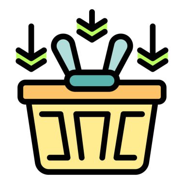 Bu renkli simge, alışveriş, ticaret ve perakende ticareti sembolize eden bir alışveriş arabasına eklenen ürünleri temsil ediyor.