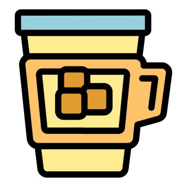 Karton kollu tek kullanımlık kahve fincanı. Elinde iki küp şeker var. Hızlı bir kahve molasını temsil ediyor.