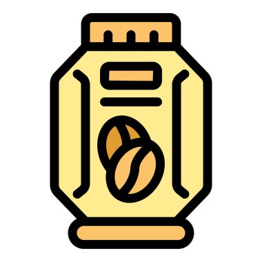 Sarı kahve çekirdeği paketinin basit renkli çizgi vektör simgesi, potansiyel olarak kafein ürününü temsil ediyor.