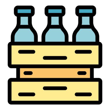 Tahta bir sandığın içinde, depolama, teslimat ve lojistik gibi kavramları temsil eden, nakledilmeye hazır üç cam şişe.