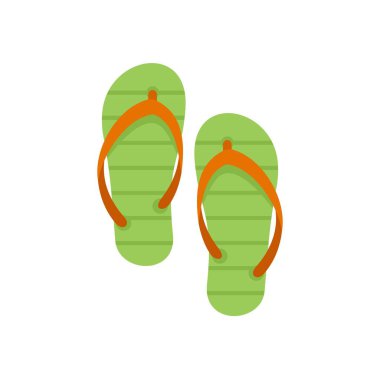 Beyaz arka planda izole edilmiş yeşil parmak arası terlikler yaz tatilini, plaj ayakkabılarını, sıcak hava için rahat giysileri temsil ediyor.