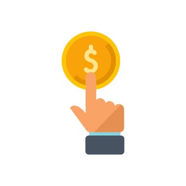 Takım elbiseli el, üzerinde dolar işareti olan altın bir madeni parayı işaret ediyor, iş kavramını resmediyor.