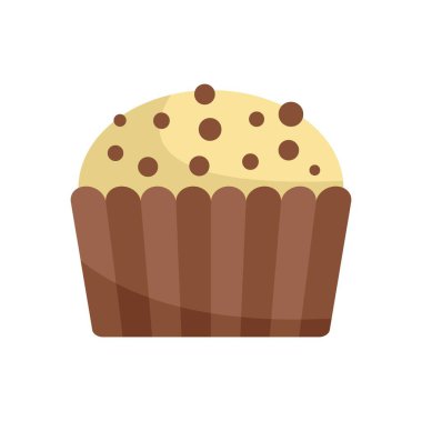 Bu vektör illüstrasyonunda sarı kremalı ve kahverengi ambalajlı çikolata parçalı kek var. Fırıncılık, tatlı ve tatlı ikram projeleri için birebir.