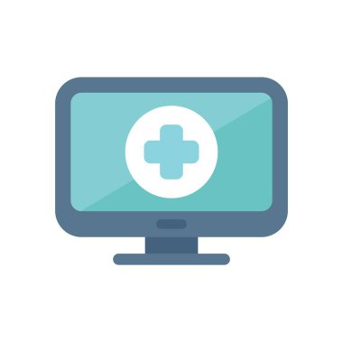 Tıbbi haç gösteren bilgisayar ekranı, çevrimiçi tıbbi hizmetleri ve tele sağlık danışmanlıklarını sembolize ediyor