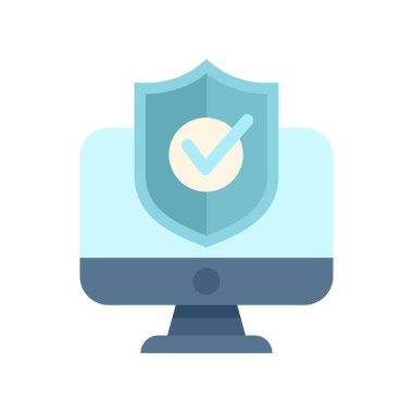 Güvenli ve korunaklı bir sistemi temsil eden bir bilgisayar monitöründe kontrol işaretli mavi bir kalkan görüntülenir