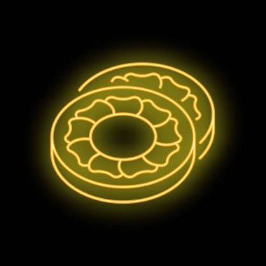 Siyah arka planda parıldayan çiçek desenli ay pastasını gösteren neon tabelalar.