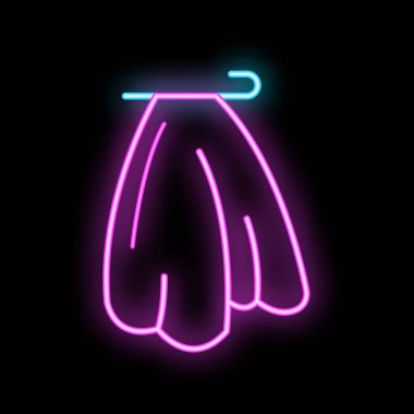 Askıya konmuş bir eteği gösteren neon tabela, koyu bir arkaplana karşı canlı ve göz alıcı bir görüntü oluşturuyor.