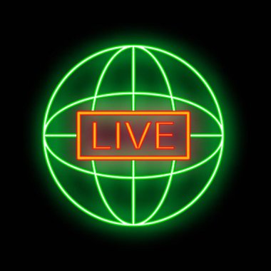 Green neon globe showing live sign is glowing on black background clipart