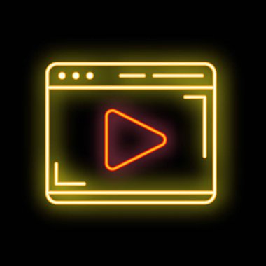 Neon sign showing an internet browser window displaying a video player button clipart