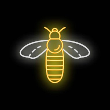 Parlak neon arısı simgesi, parlak renkleriyle geceyi aydınlatan karanlık bir arka planda parlıyor.