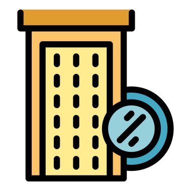 Emlak indirimleri için ideal, yarı fiyatına bir binayı temsil eden renkli bir simge