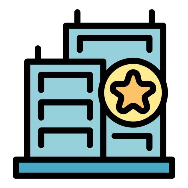 Bu vektör illüstrasyonunda ünlü bir kuruluşu temsil eden öne çıkan bir yıldız sembolü ile biçimlendirilmiş bir şehir manzarası yer almaktadır.