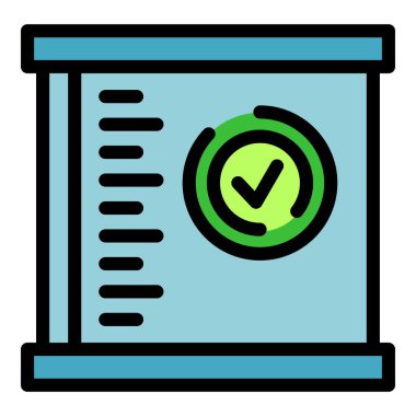 Bir sunucu rafının bu vektör simgesi başarılı bir sistem doğrulaması veya tamamlamayı gösteren yeşil bir kontrol işareti içerir