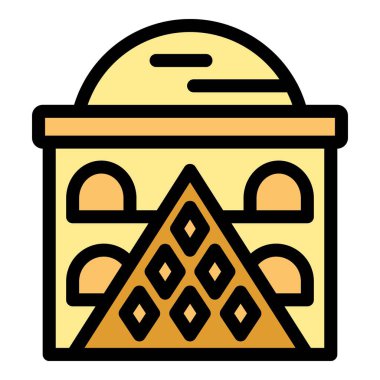 Renkli ikon, zengin ve eski Mısır kültürünü sembolize eden piramit ve yarım daireli bir binayı temsil ediyor.