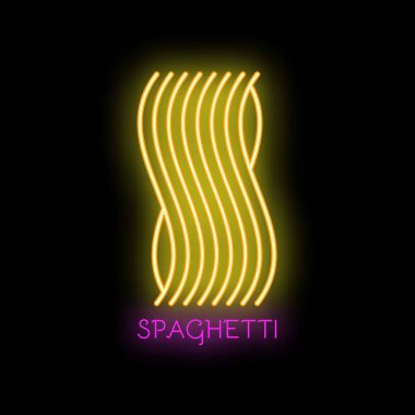 Parlak sarı neon tabela altında spagetti yazan bir spagetti tasvir ediyor.