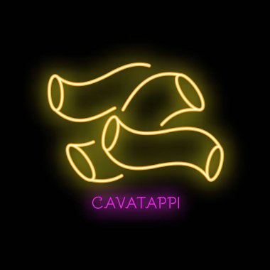 Işıldayan neon rengi Cavatappi ikonu, İtalyan makarnası çeşidi, koyu bir arka plana karşı aydınlatılmış.