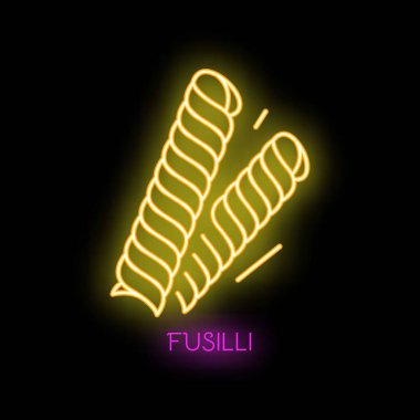 Siyah arka planda dönen İtalyan fusili makarnasının sarı neon işareti