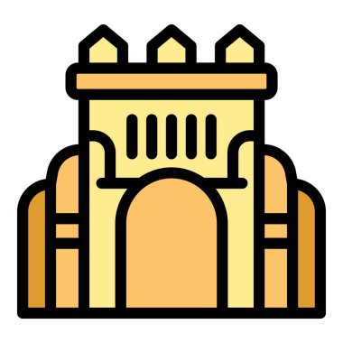 Bu resimde, tarihi mimari ve kültürel mirası sembolize eden kemer girişi ve kuleleri olan antik bir bina yer alıyor.