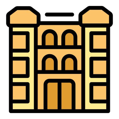 Kemerli pencereler ve geniş bir giriş içeren renkli bina cephesi, mimari veya kentsel tasarımı temsil etmek için mükemmel